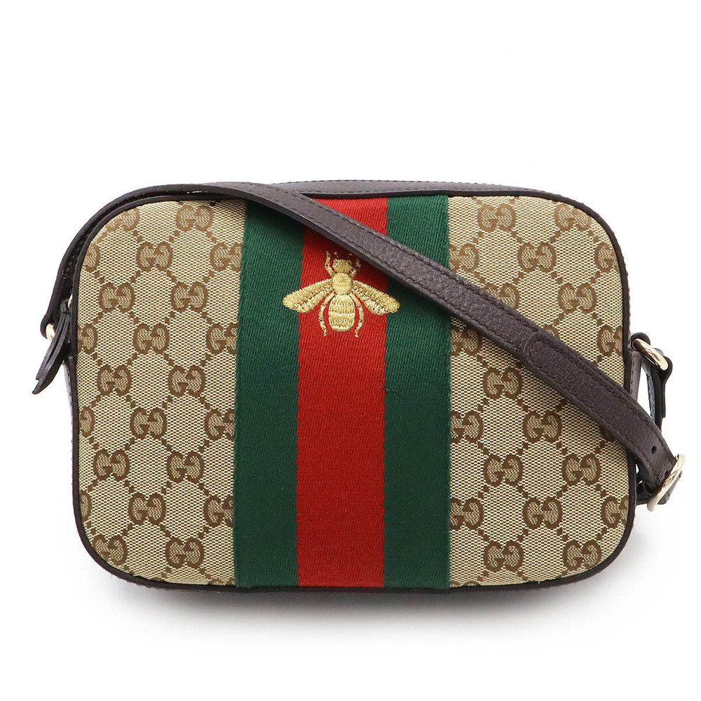 Gucci GG Canvas Sherry Web Bee Shoulder Bag Leather Beige Brown Cream